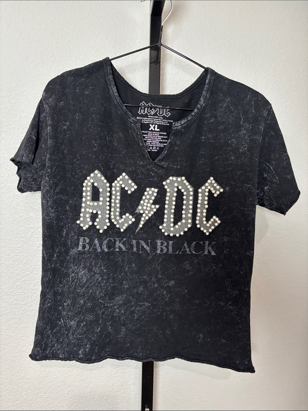 AC/DC Black white pearl Studded 'Back In Black' V-Neck Tee